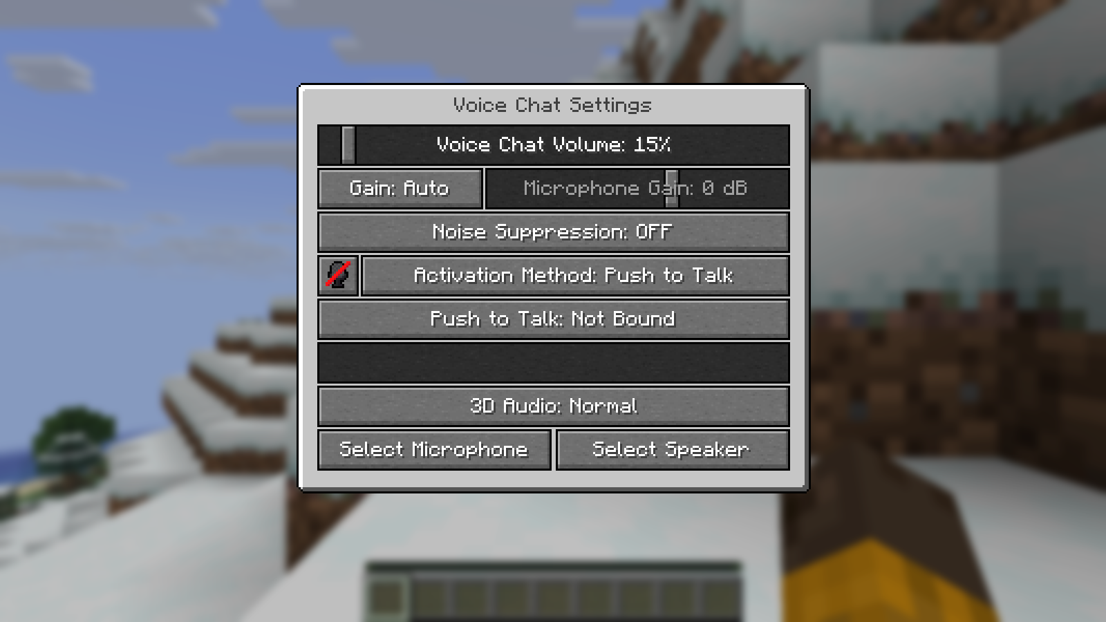 Simple Voice Chat Settings with Push to Talk selected, its shortcut Not Bound, volume at 15 percent, and microphone and speaker selection buttons.