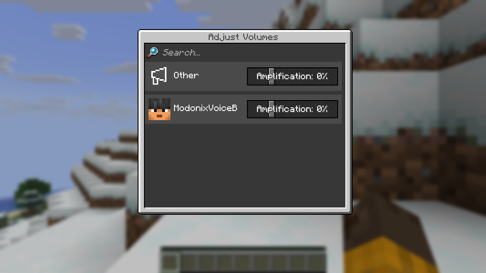 Adjust Volumes menu listing ModonixVoiceB separately from Other, each with an amplification control.