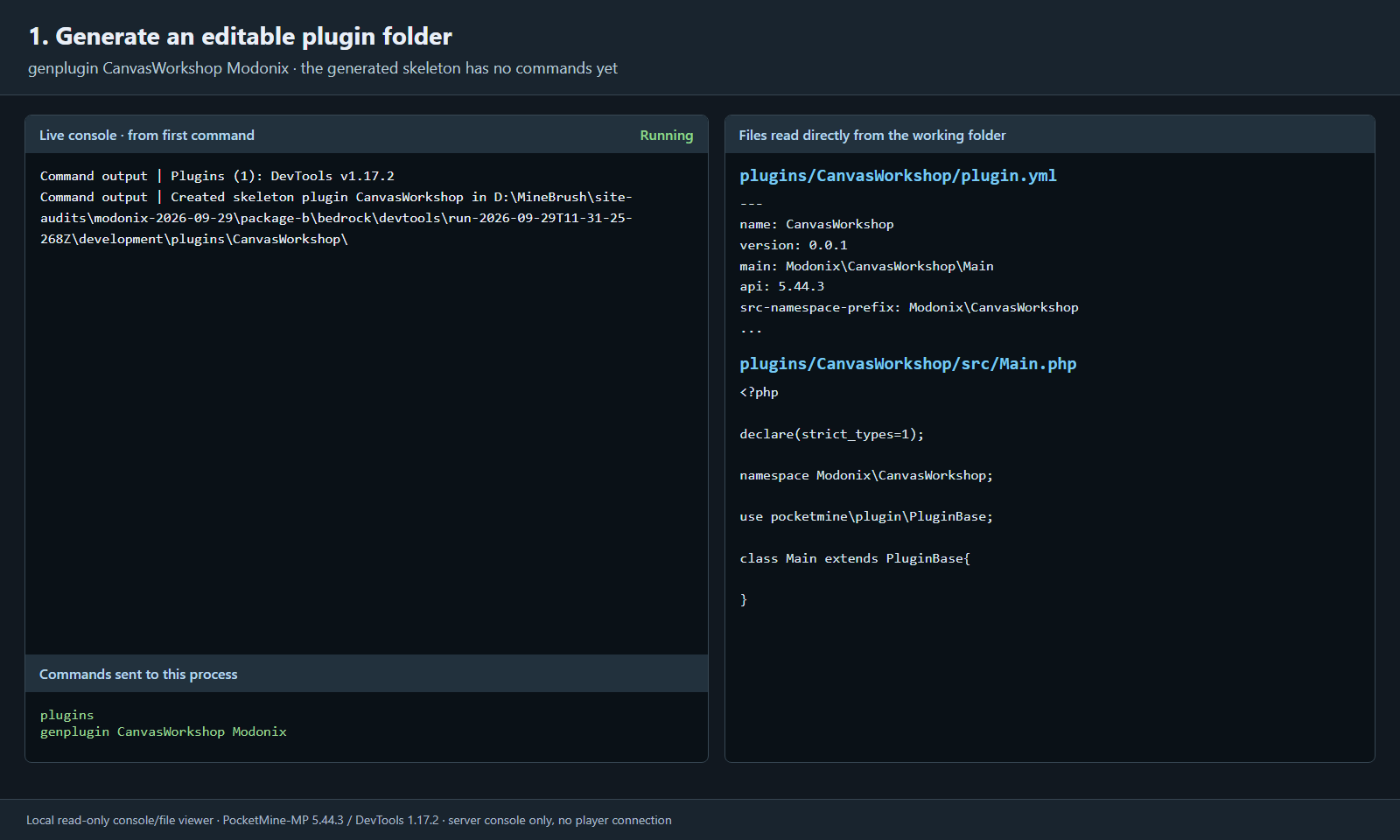 A local console and file viewer shows DevTools 1.17.2 generating CanvasWorkshop beside its actual plugin.yml and empty Main.php.