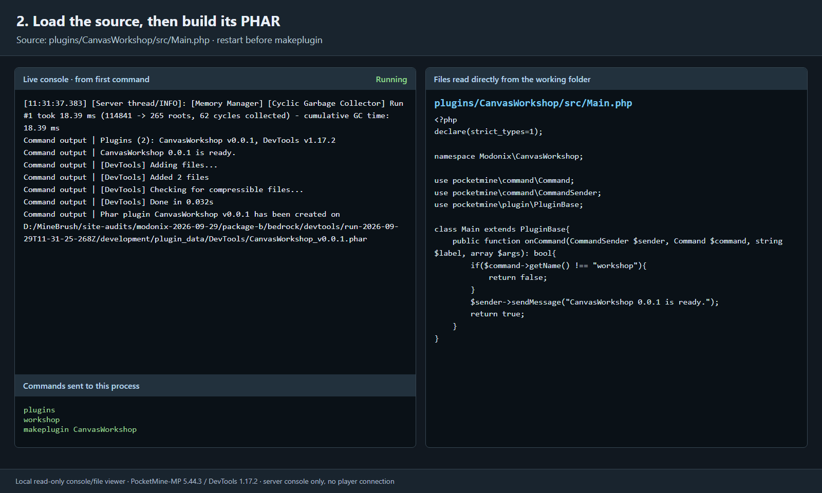 Live console output confirms the workshop command and PHAR creation beside the actual PHP command source.