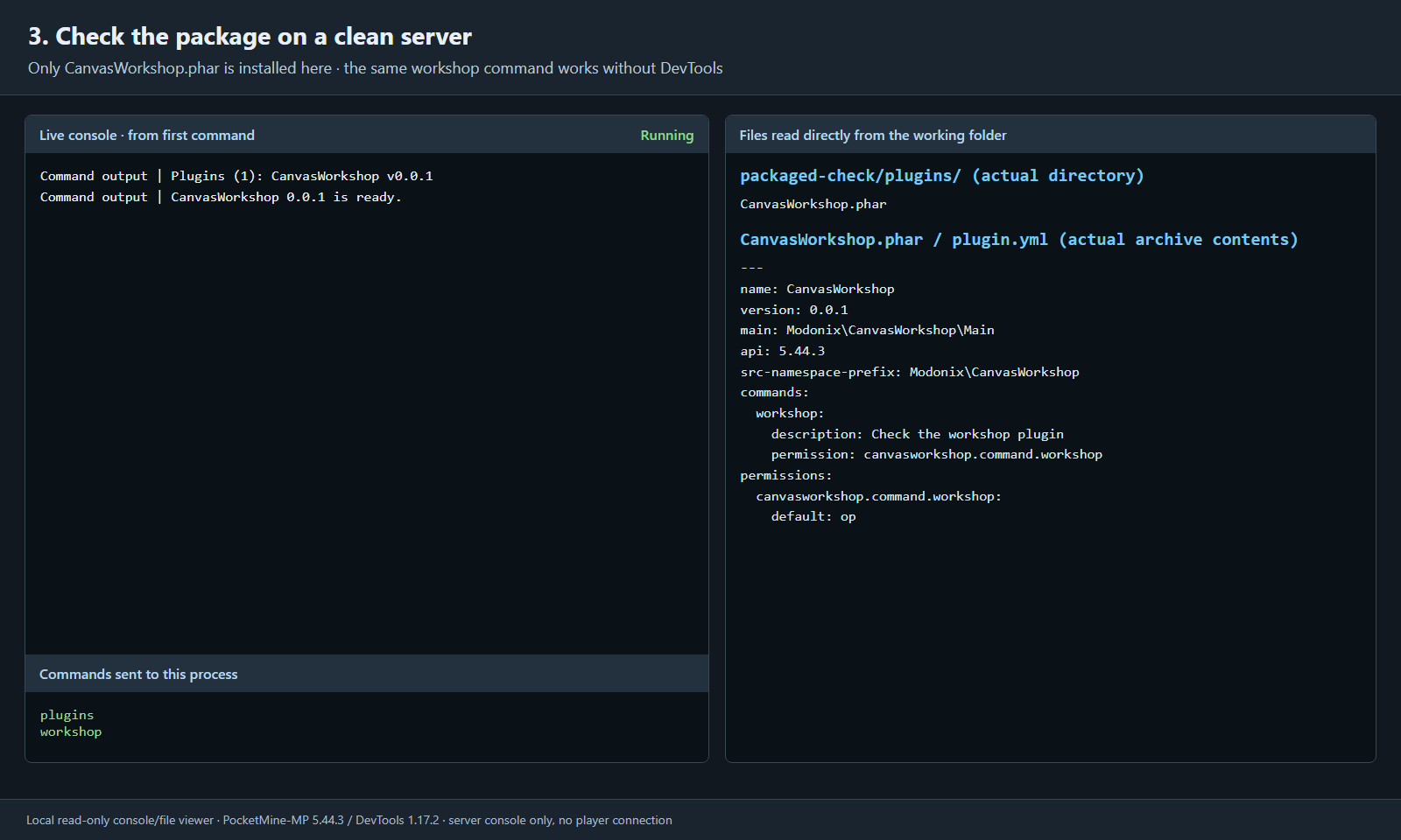 A separate server lists only CanvasWorkshop and answers workshop beside its single PHAR and actual archive manifest.