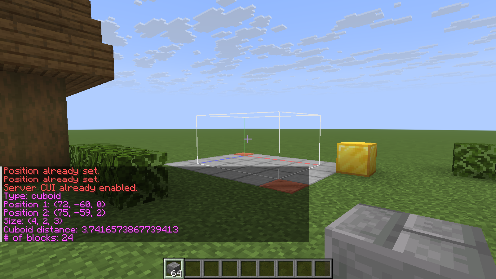 WorldEdit in Creative shows a cuboid outline above the practice floor; //size reports 24 selected blocks.