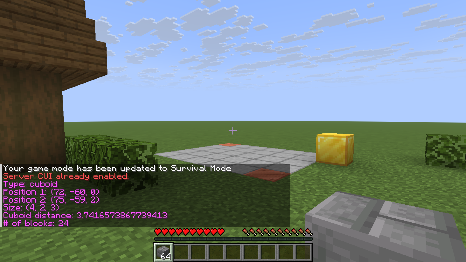 The same WorldEdit selection in Survival: no native outline, while //size reports 4 by 2 by 3 and 24 blocks.