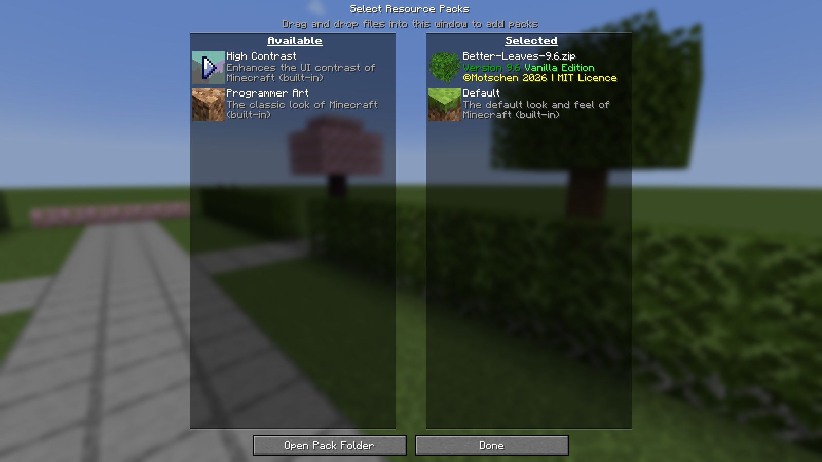 Better-Leaves-9.6.zip Vanilla Edition selected above Default in the Minecraft Resource Packs menu.