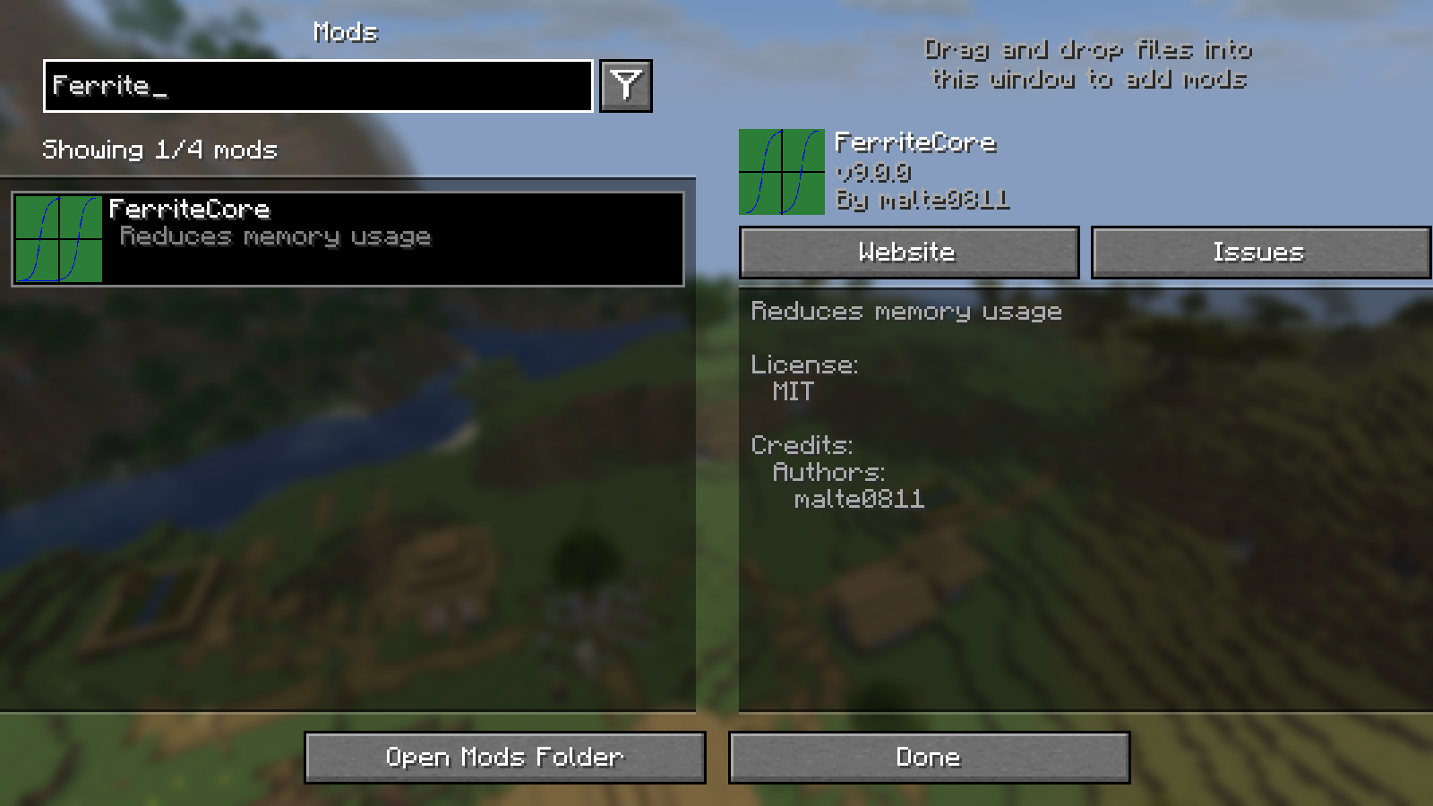 Mod Menu displays FerriteCore v9.0.0 by malte0811 in our Fabric instance.