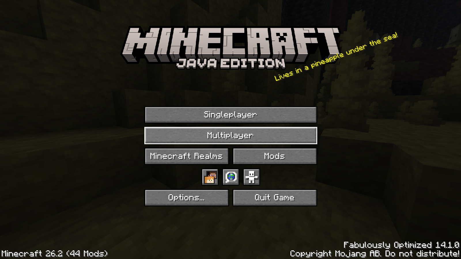 The Fabulously Optimized 14.1.0 title screen on Minecraft Java 26.2.