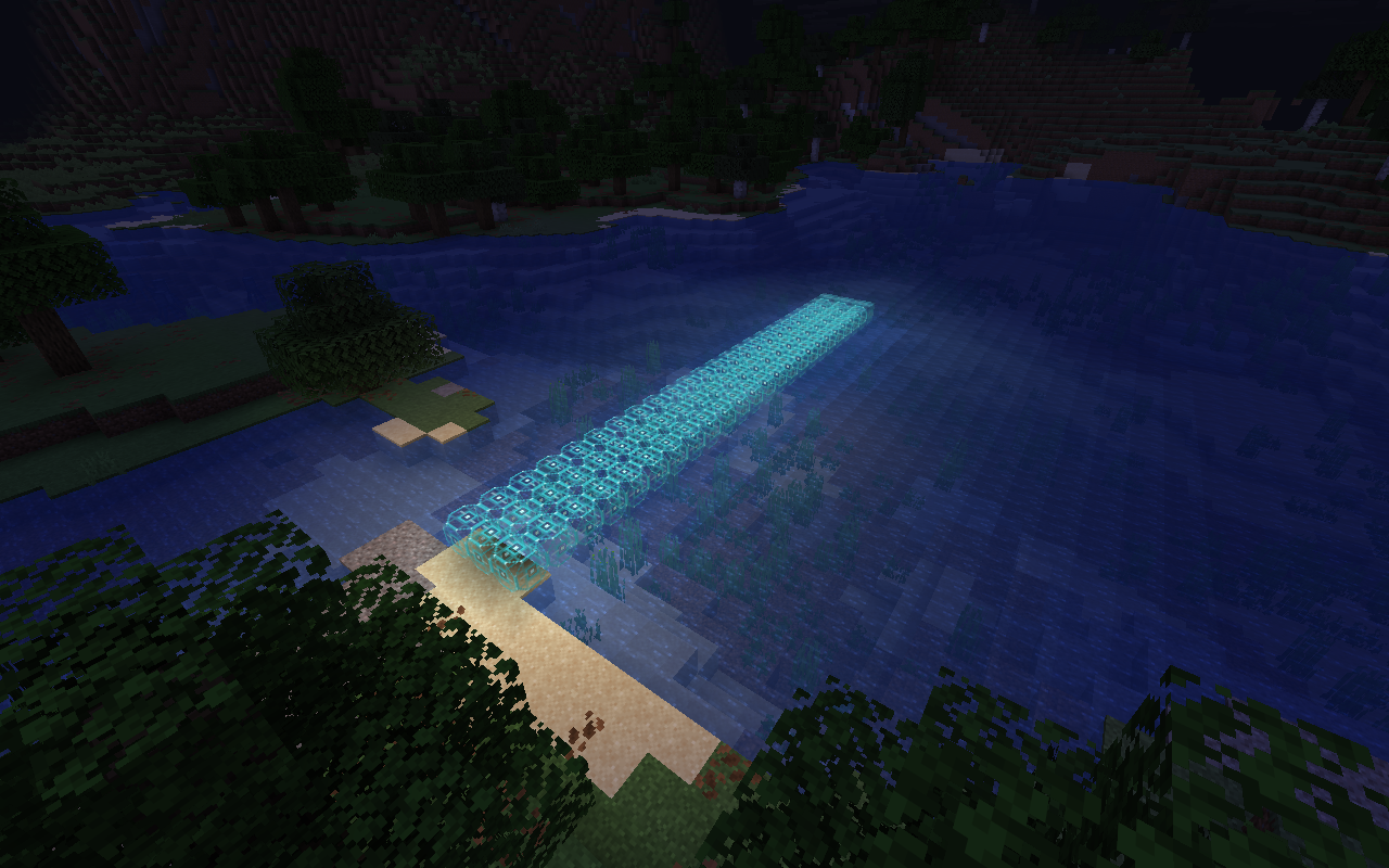 Lumen Loom cyan light path extending from a natural riverbank over water in Minecraft Java