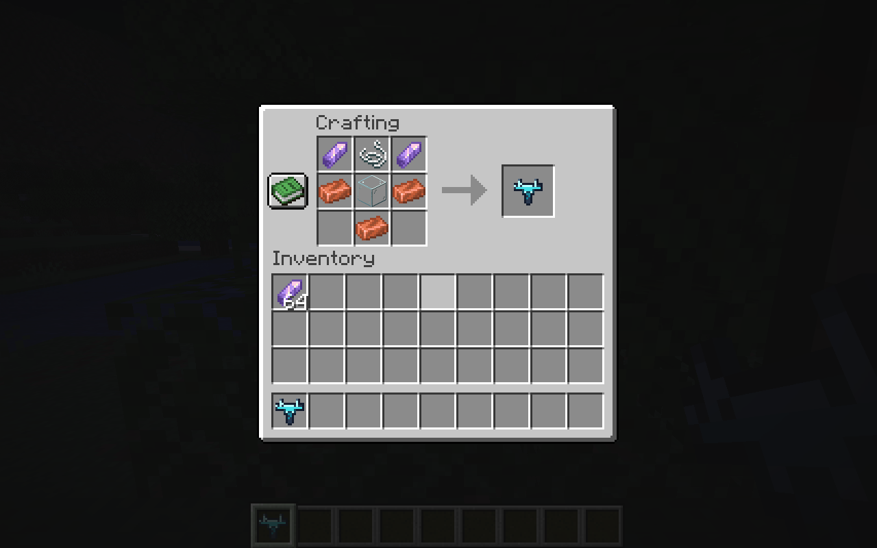 Actual Minecraft crafting table showing the Span Spindle recipe and the registered result item