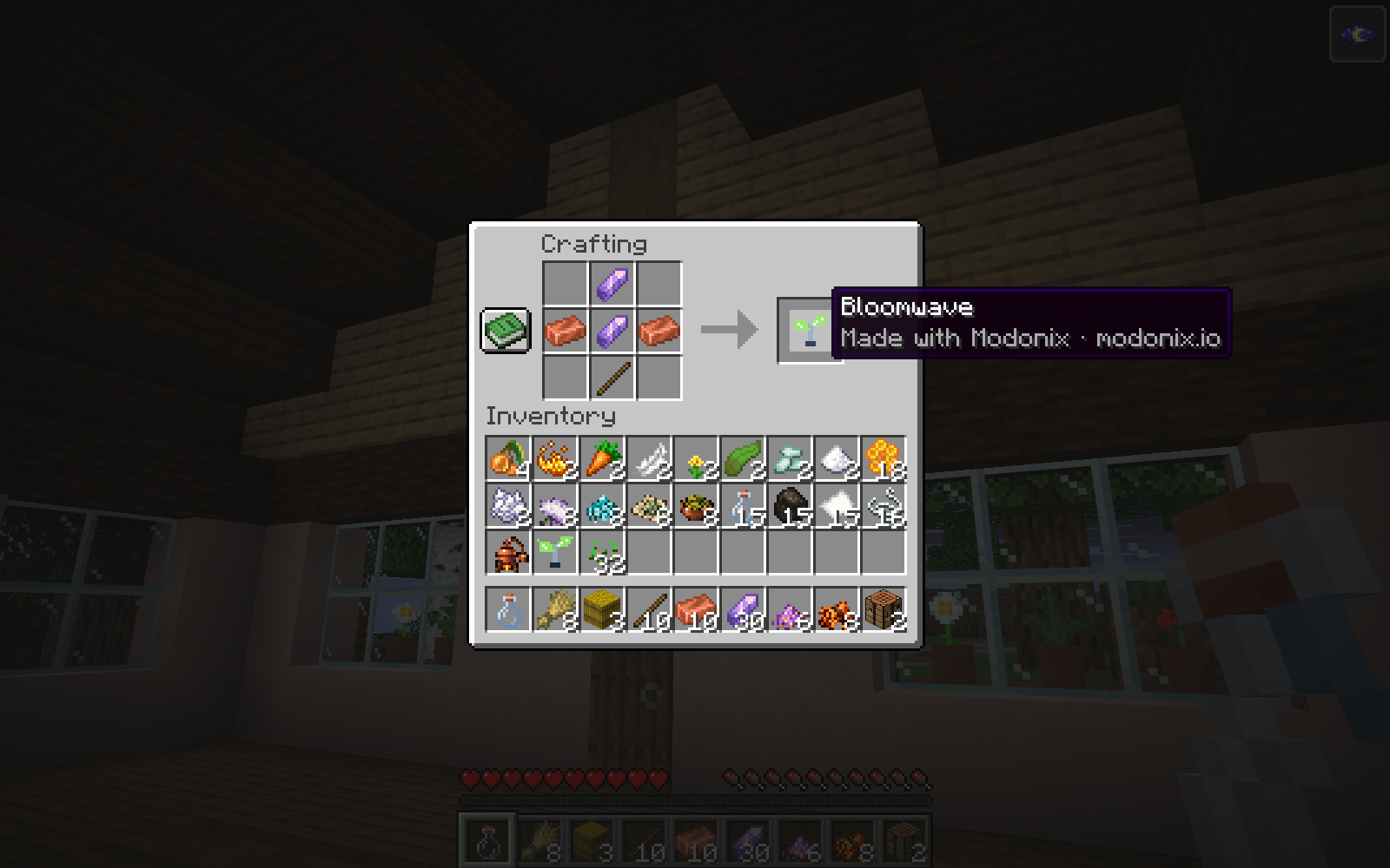 Bloomwave at a Minecraft crafting table with two amethyst shards, two copper ingots and a stick.