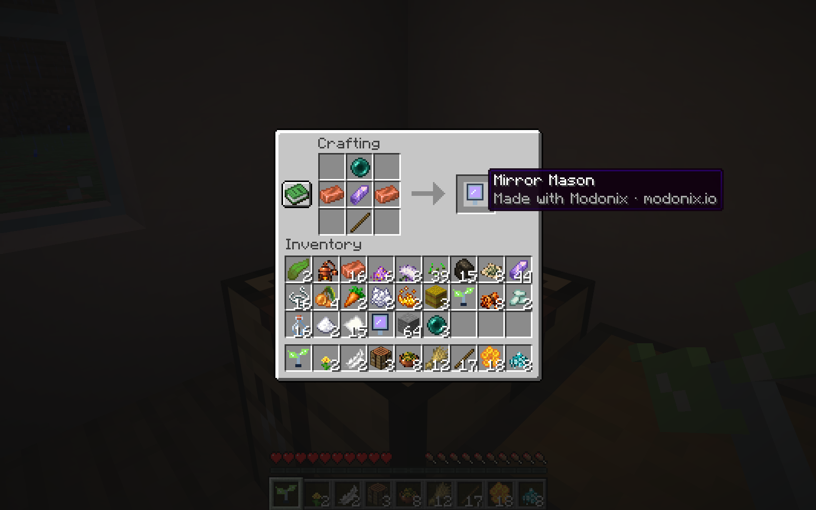 Mirror Mason crafting-table recipe with an ender pearl, copper ingots, amethyst and a stick.