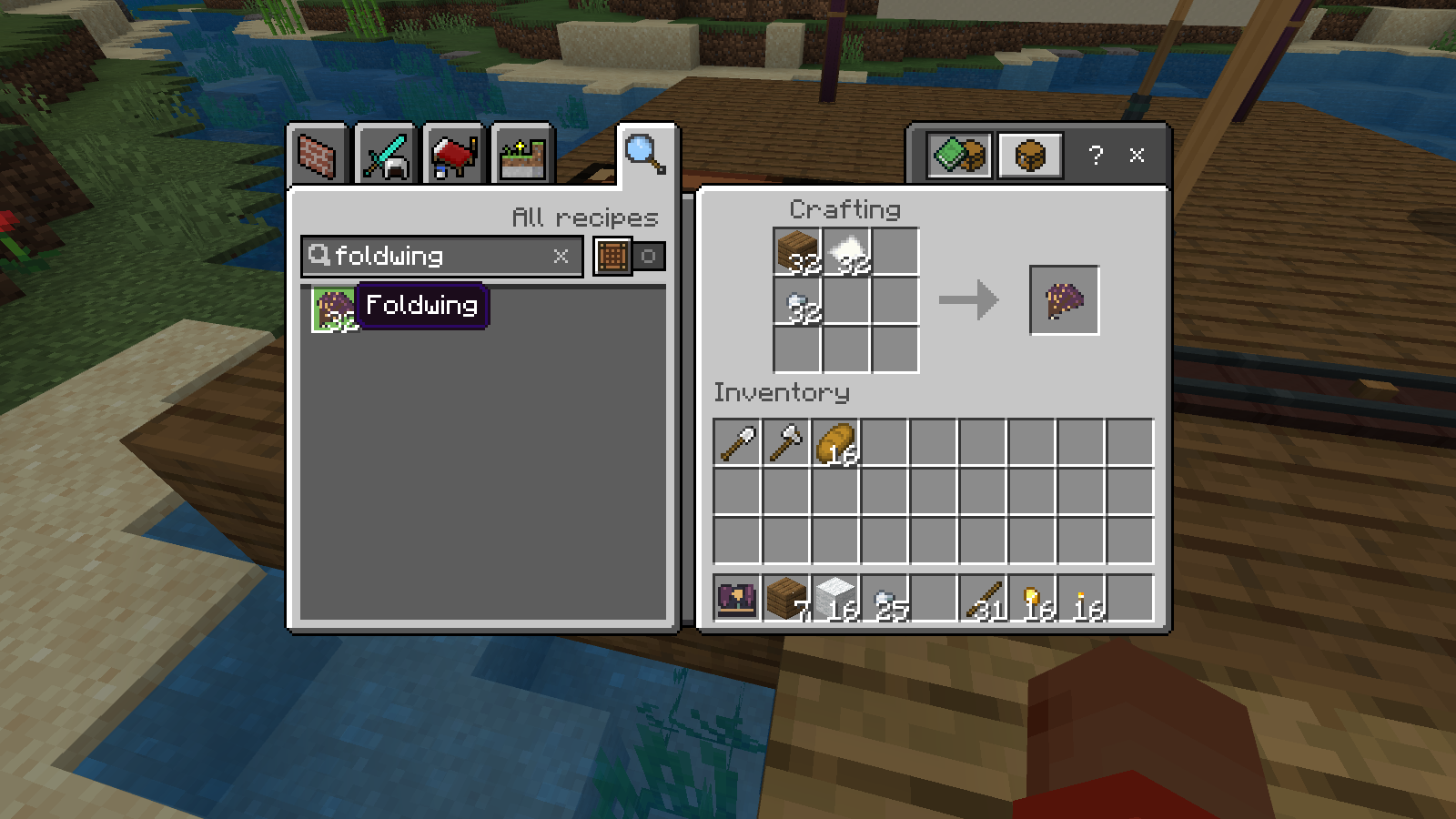 The real crafting table shows Foldwing made from spruce planks, paper and an iron nugget.
