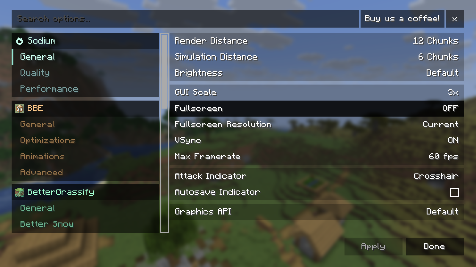 The Fabulously Optimized video settings show render distance, simulation distance and frame-rate controls.
