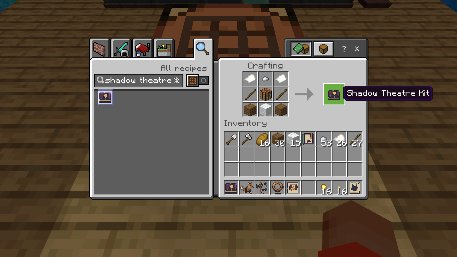 The real crafting table shows the Shadow Theatre Kit recipe and its registered result.