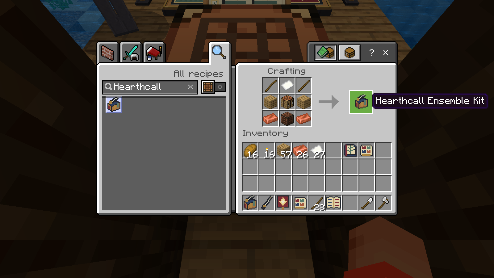 The Hearthcall Ensemble Kit recipe in the actual Minecraft crafting table.