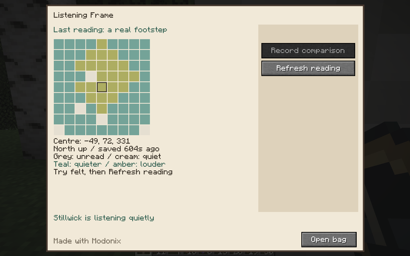 A saved Listening Frame reading shows the original sound location, age and measured map.