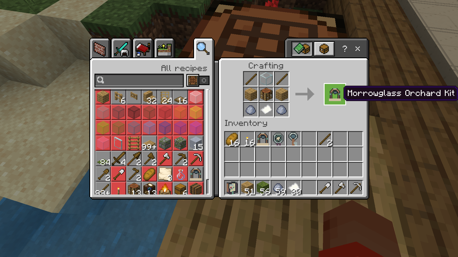 The complete three-by-three Morrowglass Orchard Kit recipe in Minecraft.