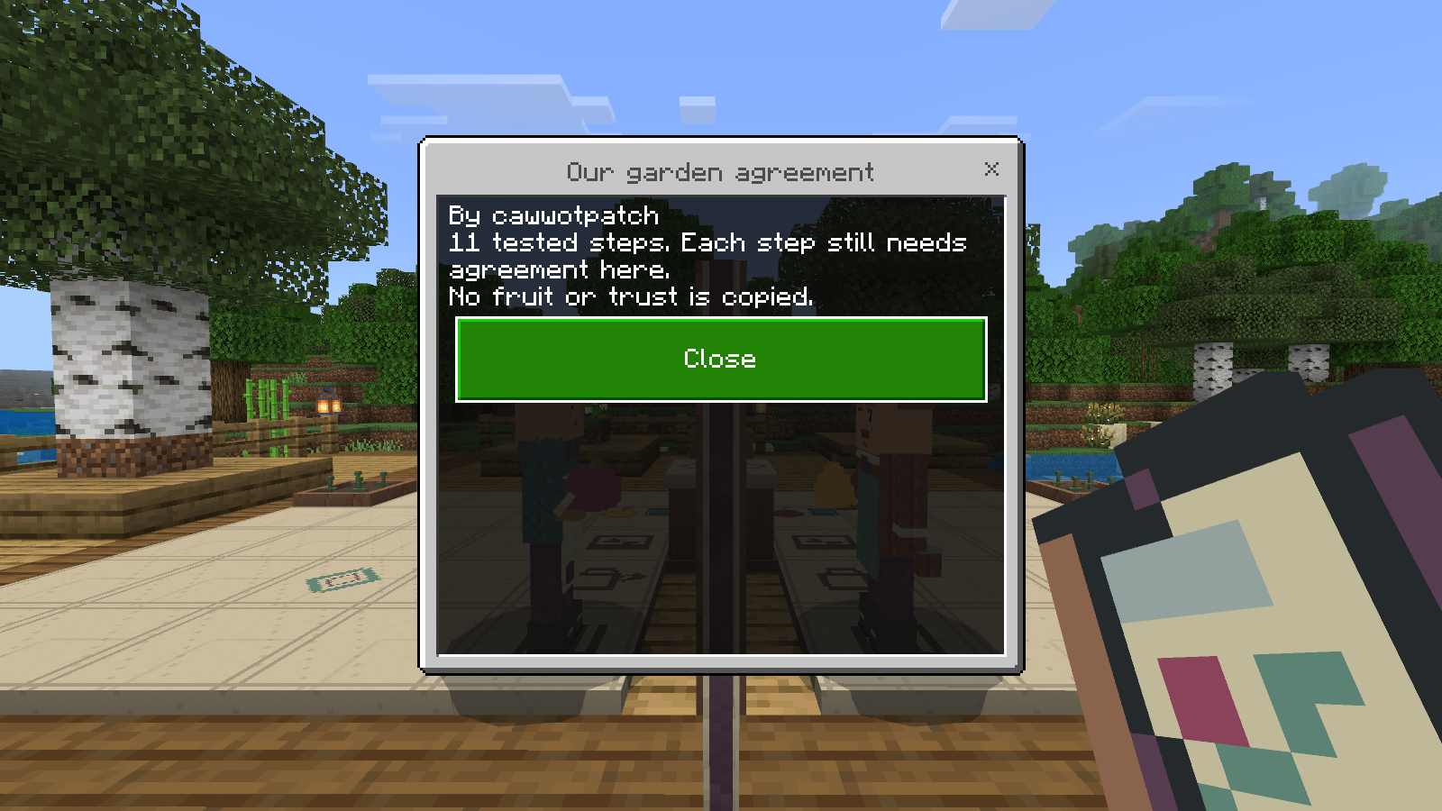 The paid Garden Agreement reads its eleven recorded steps beside the matching garden.