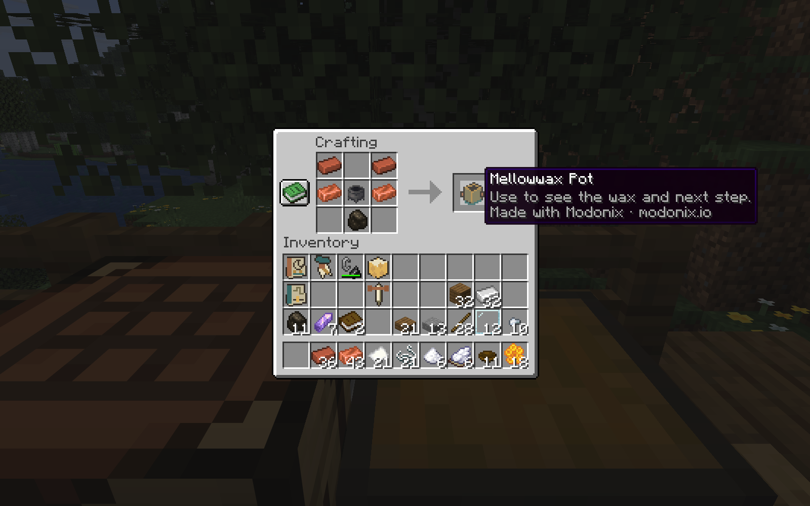 The Mellowwax Pot in the actual crafting grid with its output tooltip.