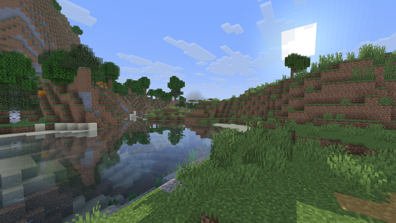 Miniature Shader 2.19 adds reflections to the same Minecraft river bend.