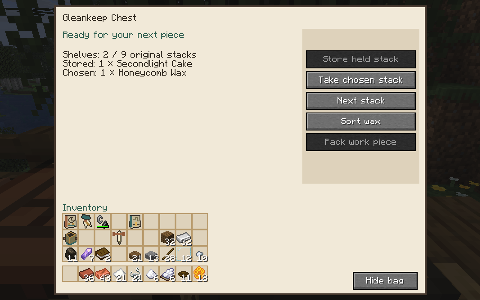 The Gleankeep Chest contains a Secondlight Cake and Honeycomb Wax in separate slots.