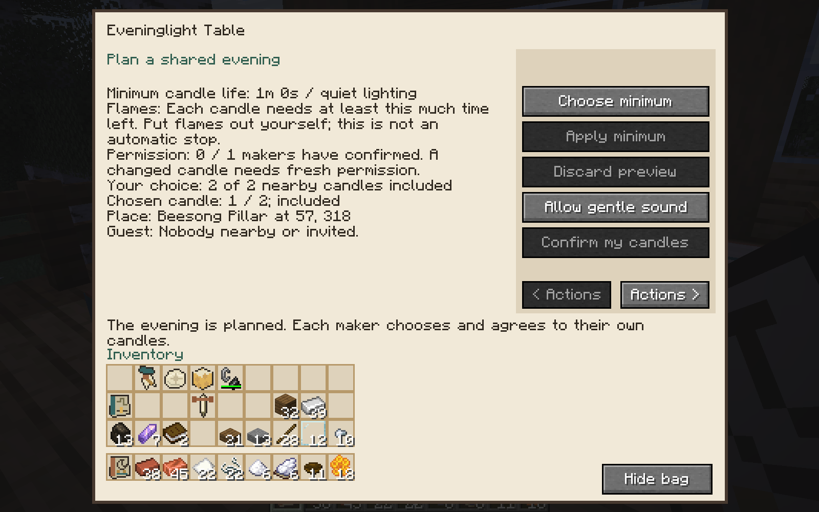 The evening plan shows a one-minute minimum candle life and requires agreement before lighting.