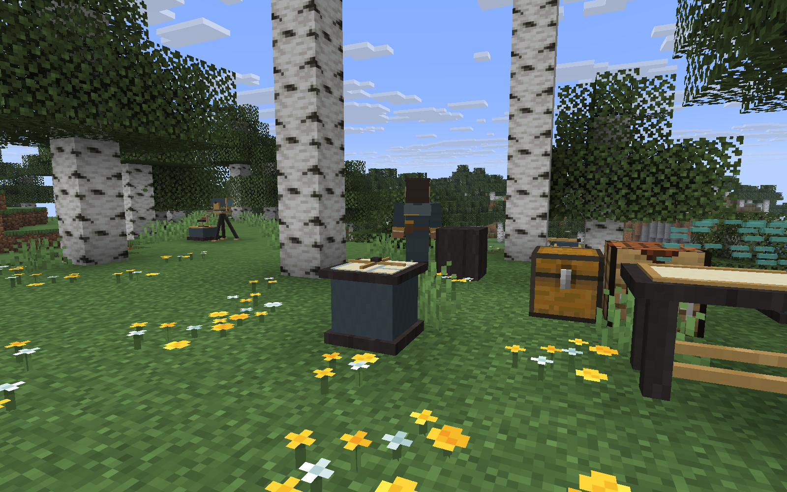 The surveying instruments and charting table stand among birches and flowers.