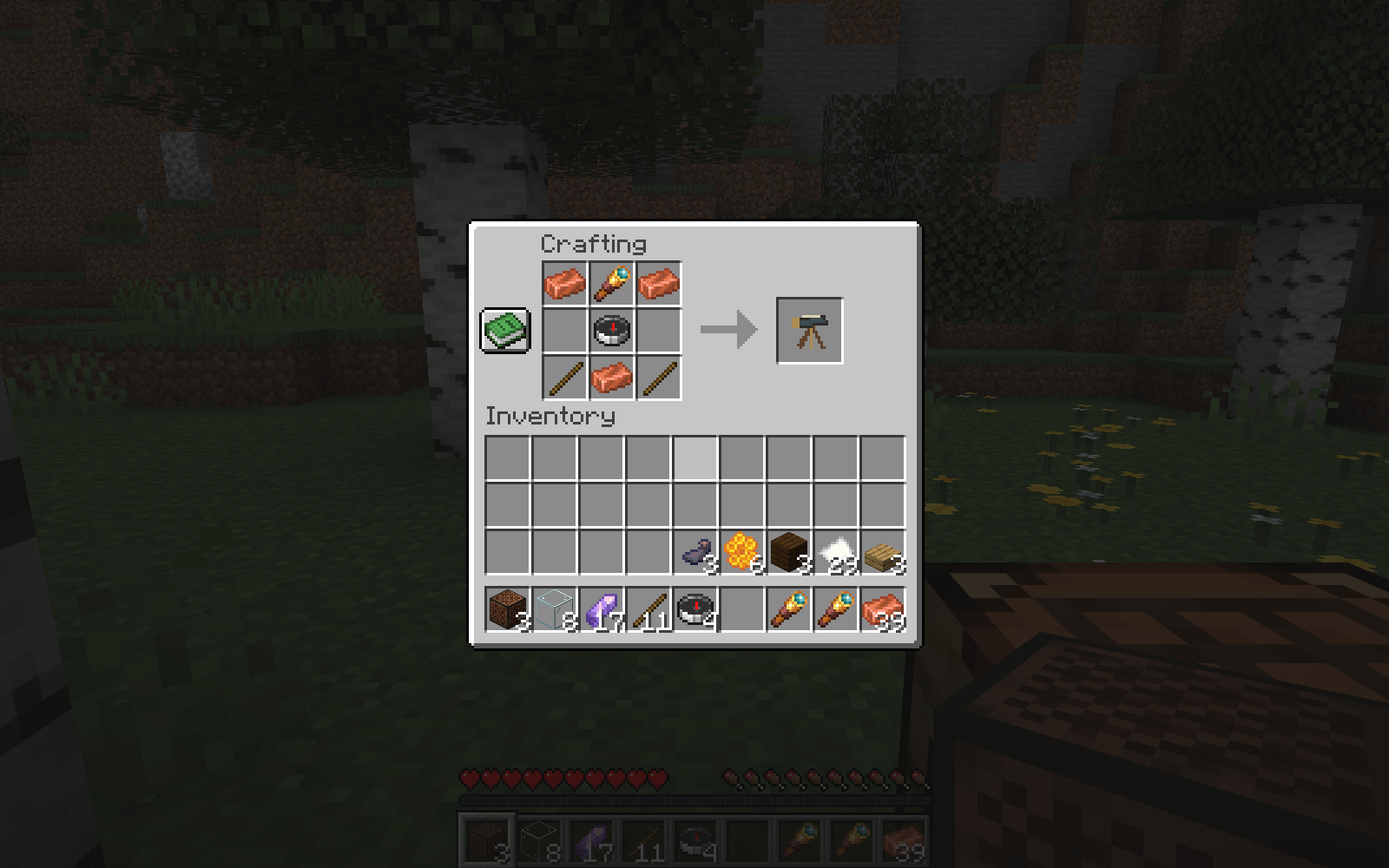 The Nightglass Theodolite recipe in the actual Minecraft crafting table.