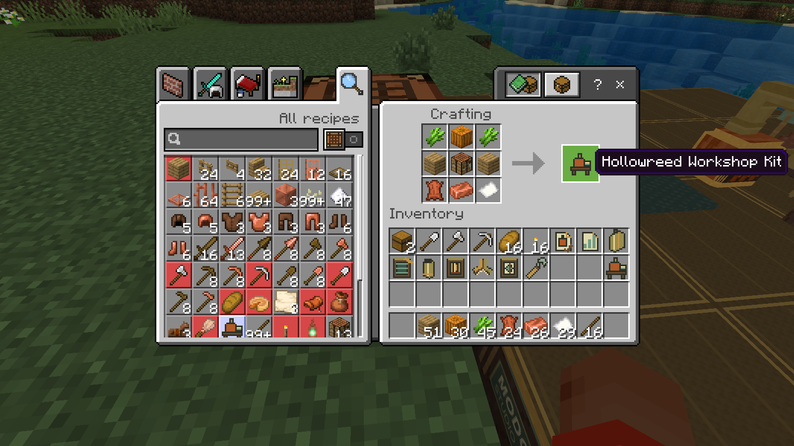 The filled Minecraft crafting grid and the Hollowreed Workshop Kit output.