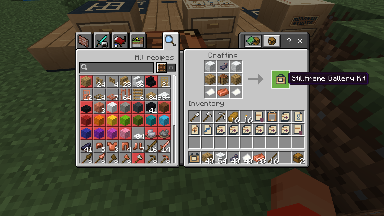 The complete Minecraft crafting grid produces the Stillframe Gallery Kit.