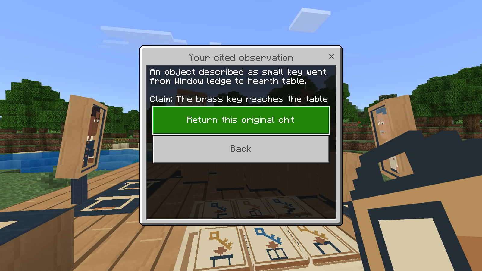 A saved observation describes a small key and the player’s proposed interpretation.