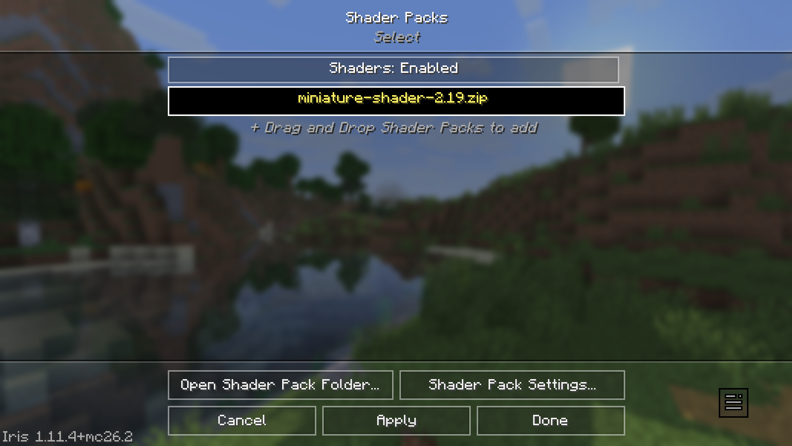 Miniature Shader 2.19 selected in the Iris Shader Packs menu on Java 26.2.