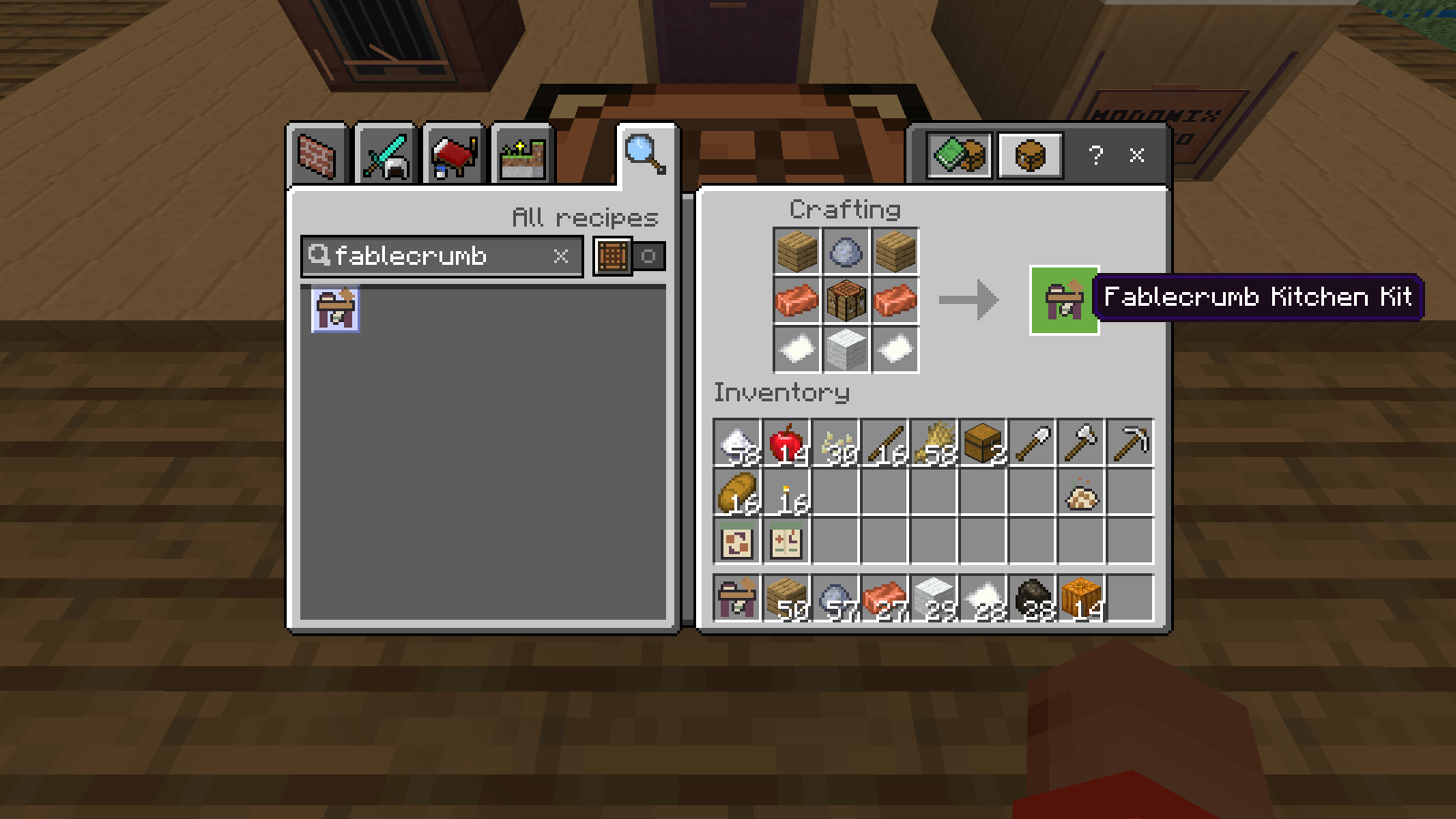 A filled Minecraft crafting grid displays the Fablecrumb Kitchen Kit recipe and its output tooltip.