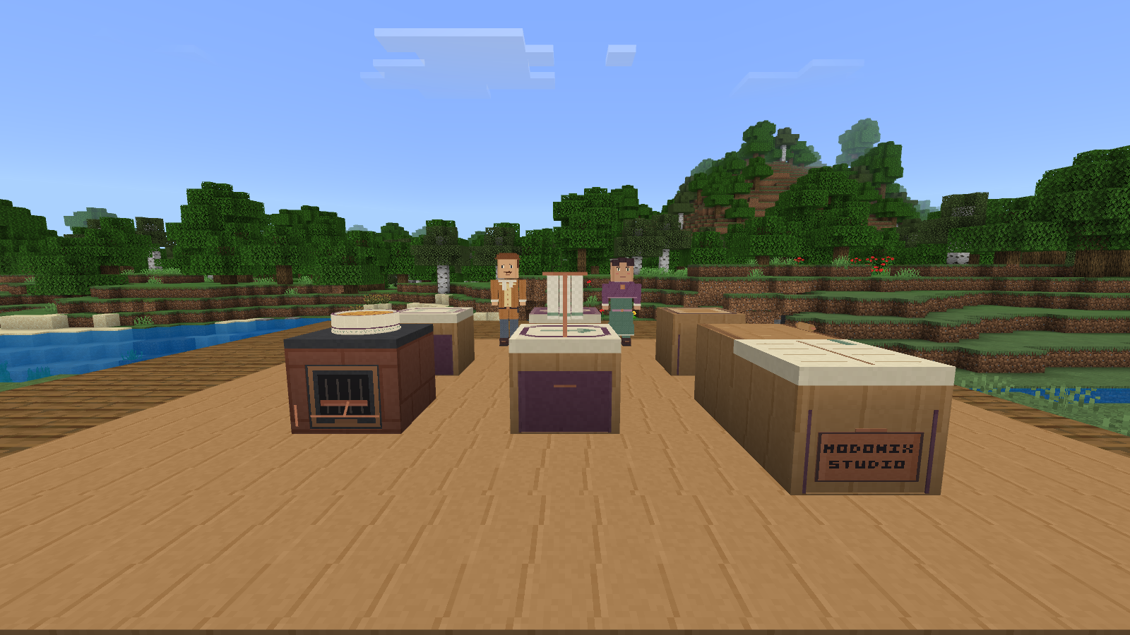 The placed Fablecrumb Kitchen occupies a clearing beside the forest and river.