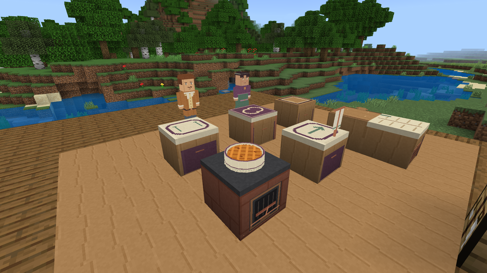 A baked lattice pie rests on the Cinder Hearth in the riverside Fablecrumb Kitchen.