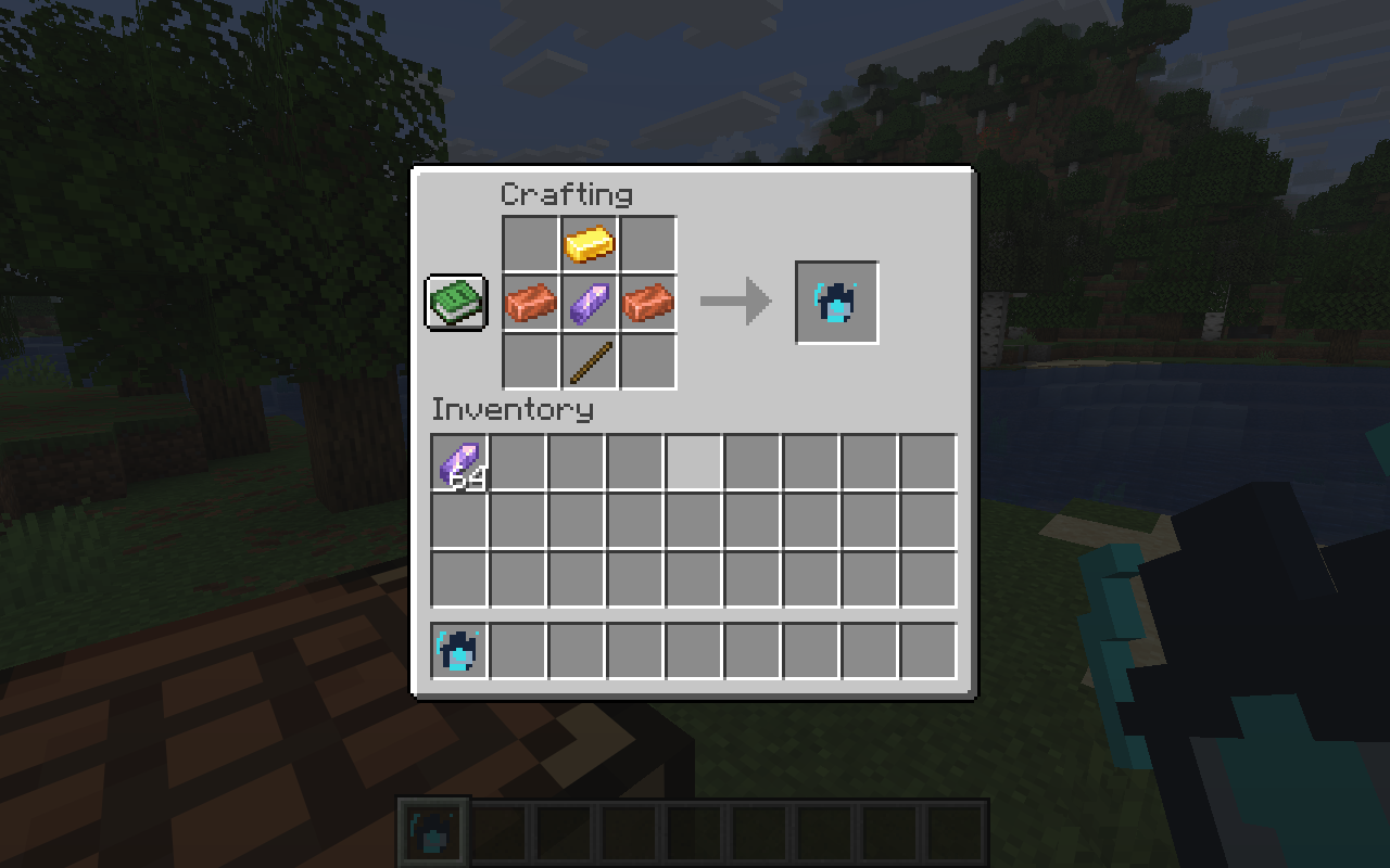 Minecraft crafting table showing the Orbit Gauntlet recipe with gold, copper, amethyst and a stick