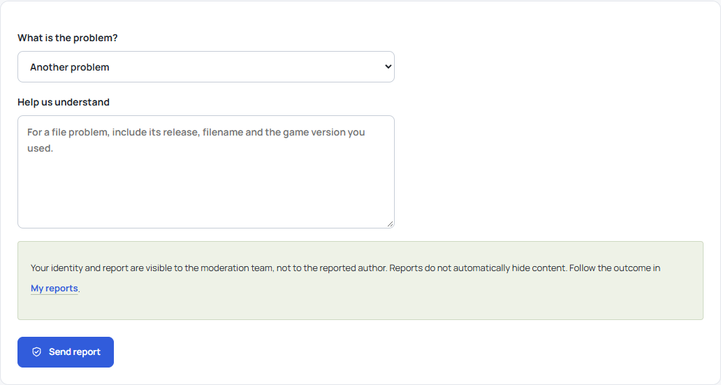 Modonix report form with a problem category, description field and a link to My reports.