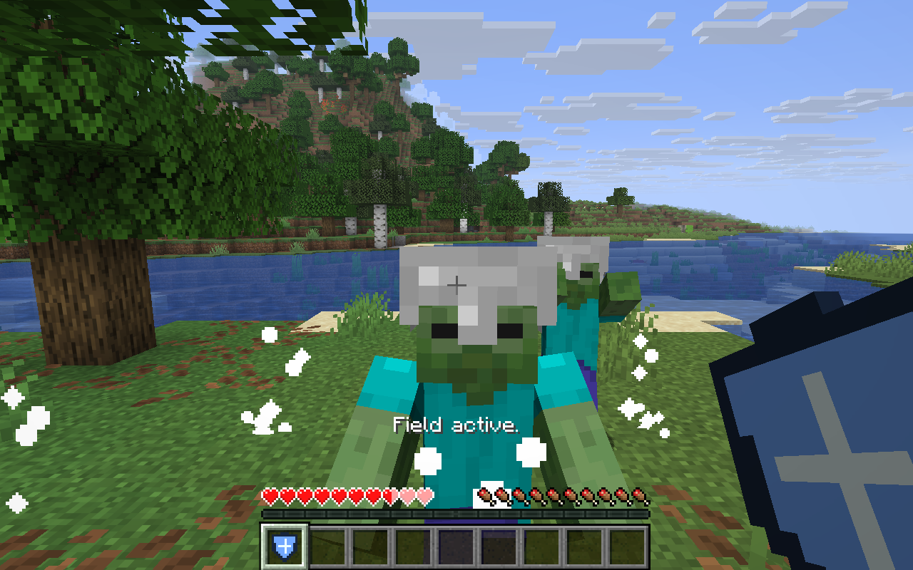 Pulse Ward active in front of two approaching zombies beside a forest river. Damage is still possible while the ward is active.