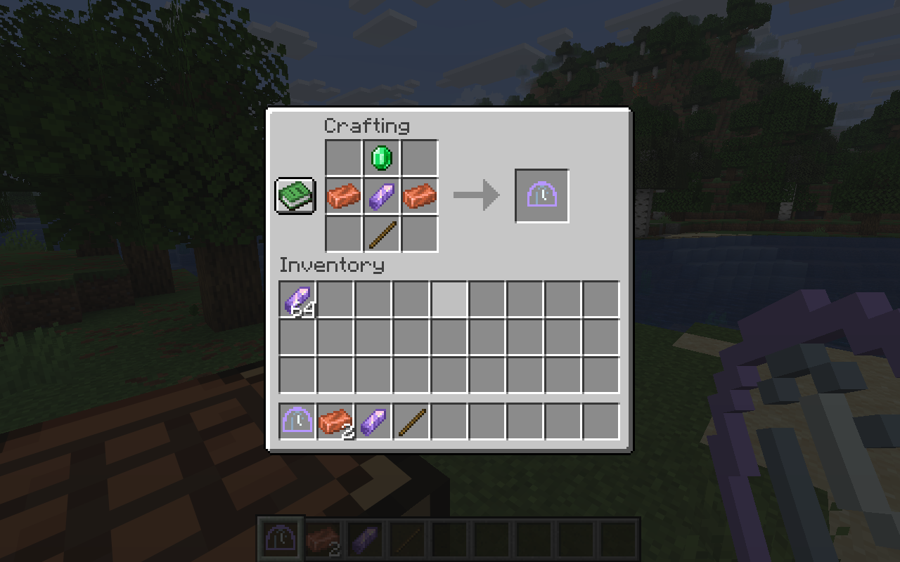 Chrono Dome recipe in a Minecraft crafting table: emerald at top center; copper, amethyst and copper across the middle; a stick at bottom center.