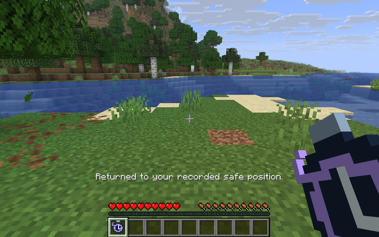 The same riverbank after Echo Step returns the player to the recorded safe position, with the in-game return message visible.