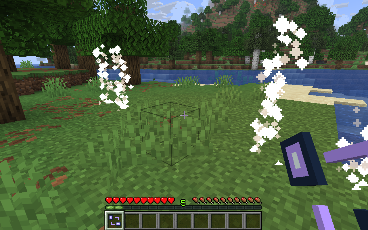 Two connected Rift Relay markers beside a forest river, viewed from outside their particle columns.