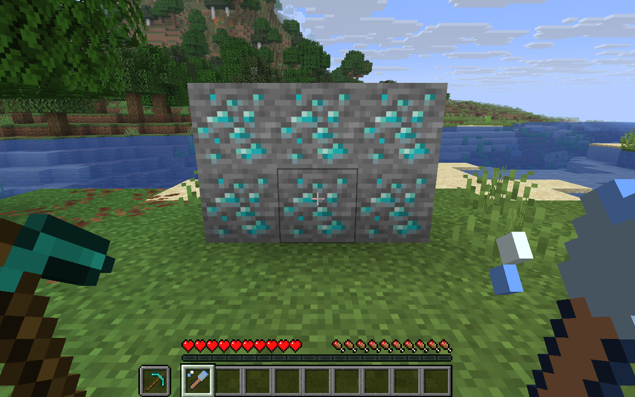 A six-block demonstration vein of diamond ore, with Resonant Chisel in the main hand and a diamond pickaxe in the offhand.