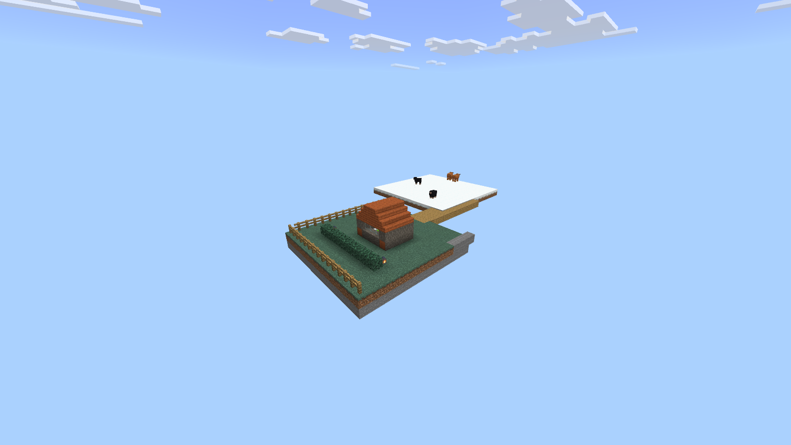 Our added house island connects to VoidWorld’s original snow-covered platform with a wooden bridge.