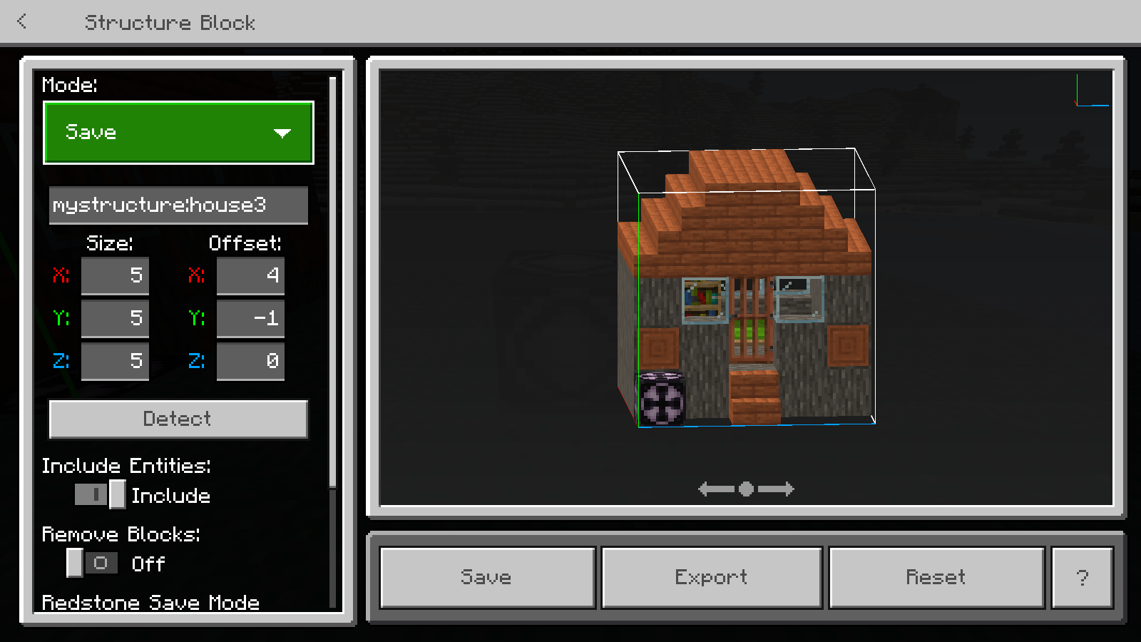 The structure-block Save screen frames a five-by-five-by-five acacia house with Export available.