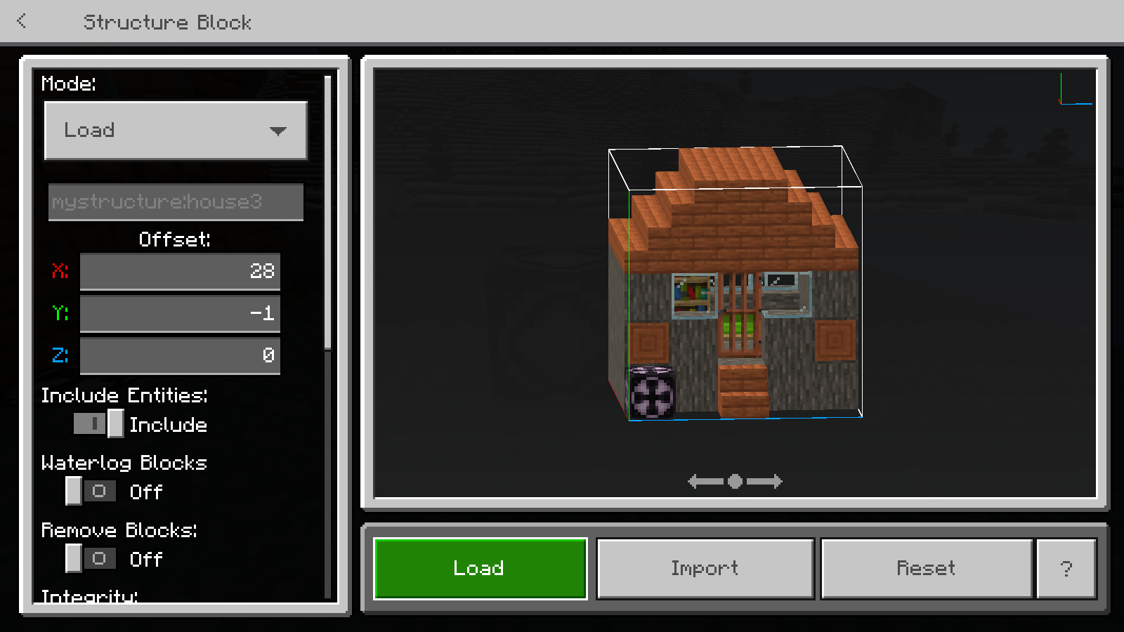 Bedrock’s structure-block Load screen displays the imported house3 sample and its placement offsets.