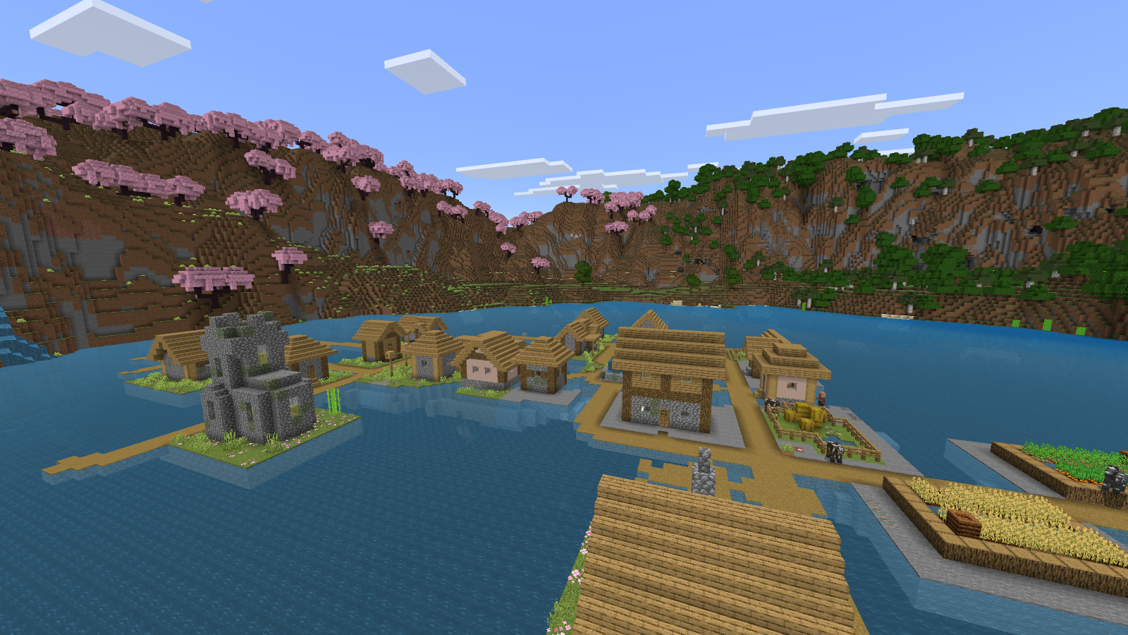 Wooden paths, houses and farms sit over the water inside the cherry grove lake.