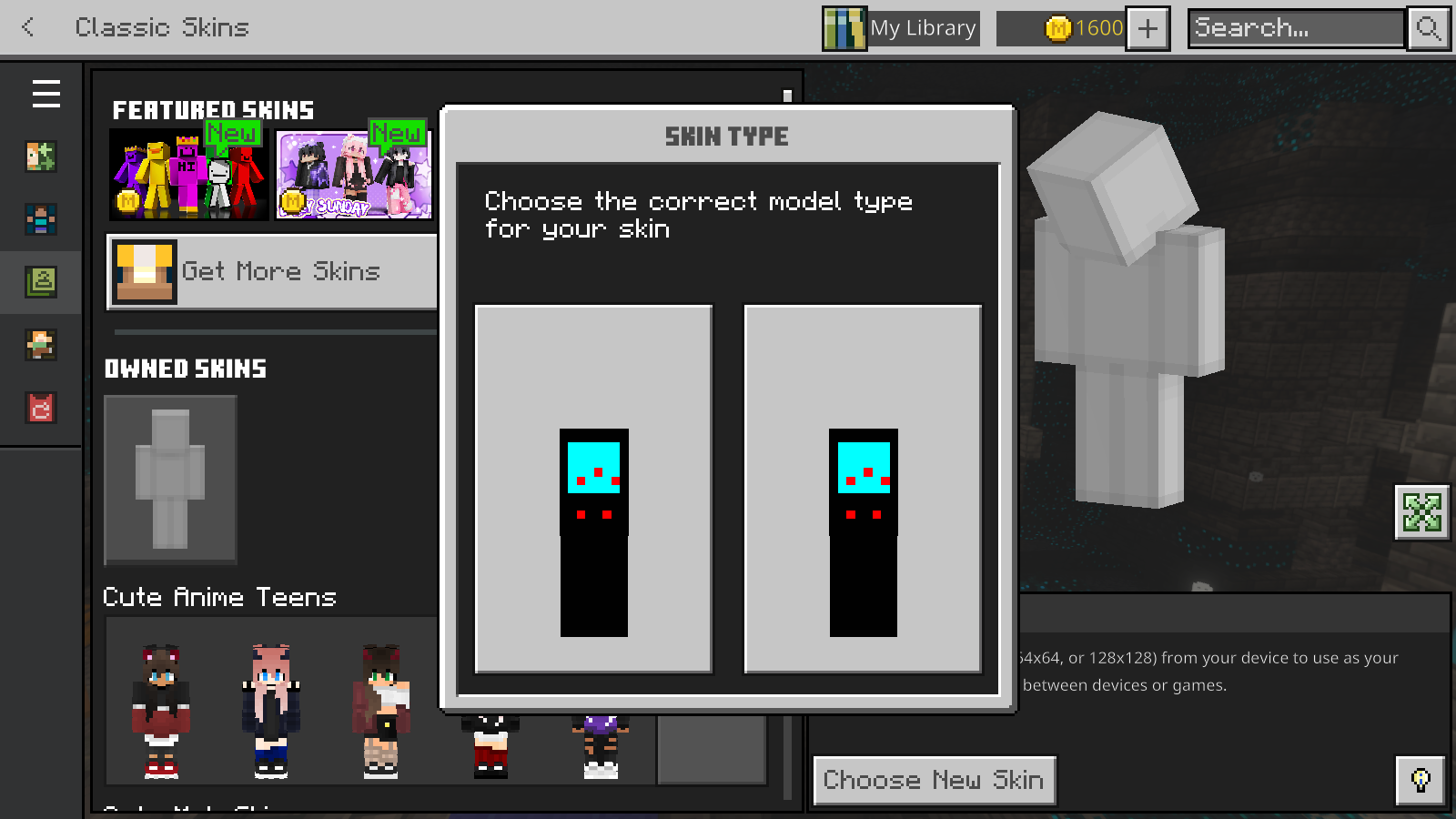 Bedrock offers two model choices after selecting the original Parkour skin PNG.