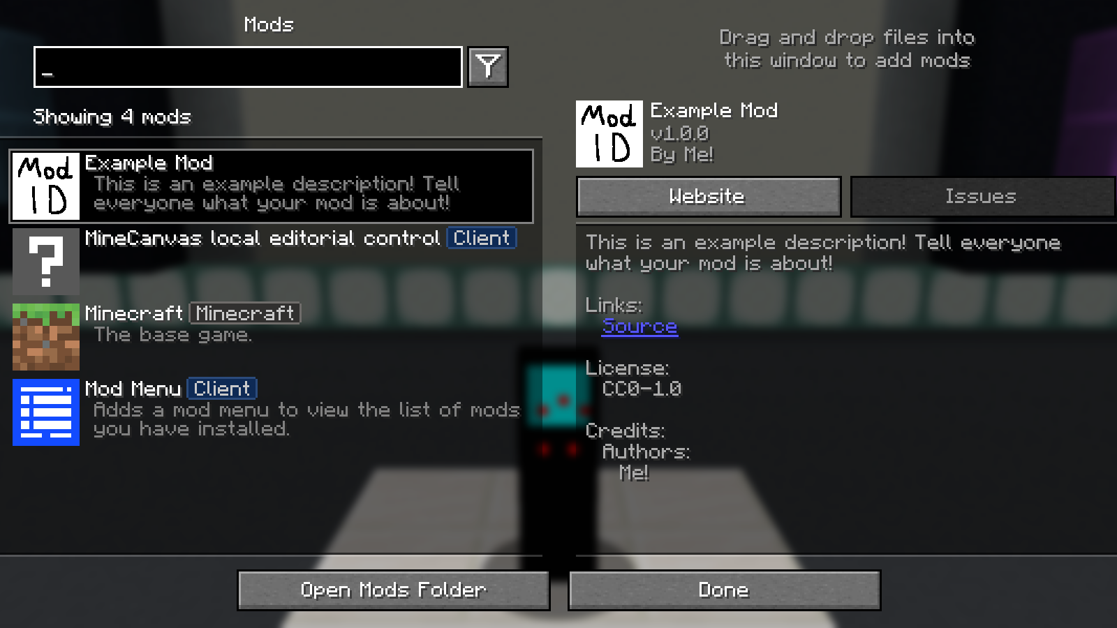 Mod Menu lists Example Mod after building Fabric’s Java 26.2 source template and loading its regular JAR.