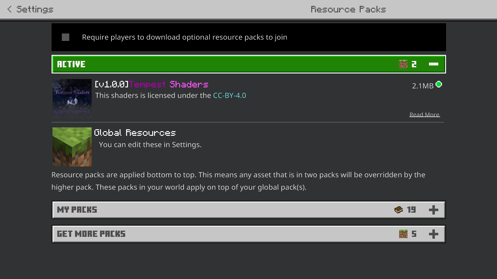 Tempest Shaders listed in the active resource packs of our current Bedrock test world.