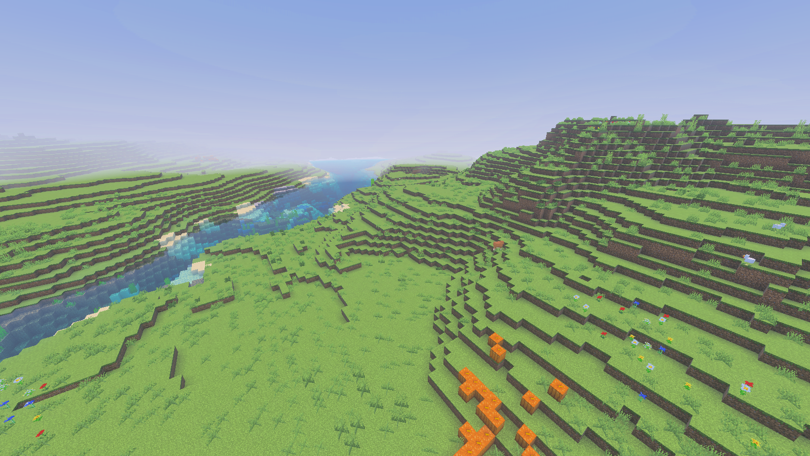 A daylight landscape in Bedrock 26.52 with the legacy Tempest resource pack attached.